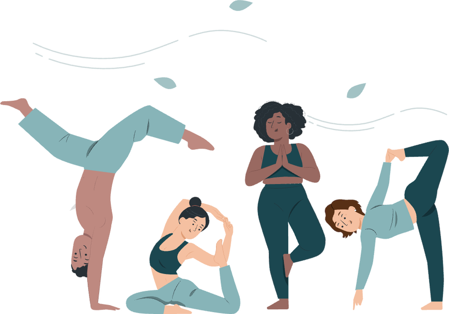 Four people practising different yoga poses together