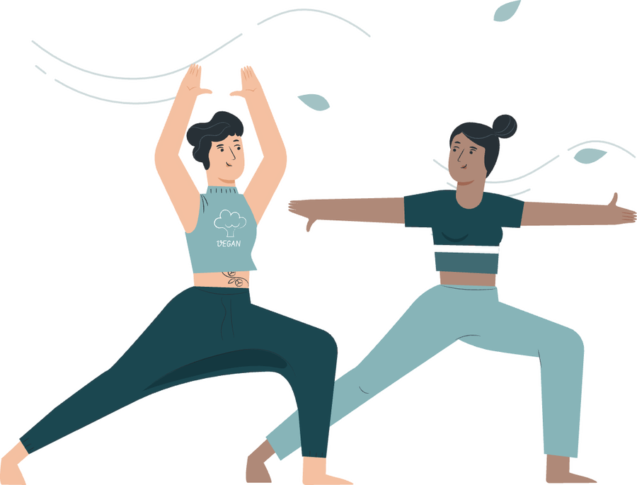 Two people holding warrior poses side by side